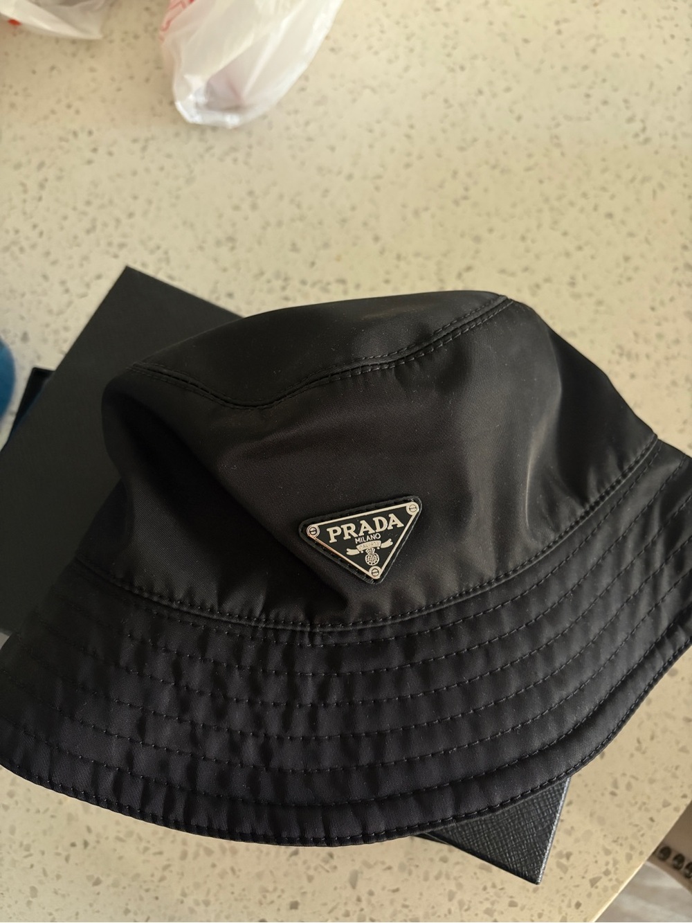 Prada Black Logo Triangle Bucket Hat